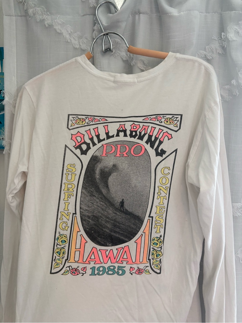 Billabong White Long Sleeve Graphic Tee with Multicolor Hawaii Pro Print